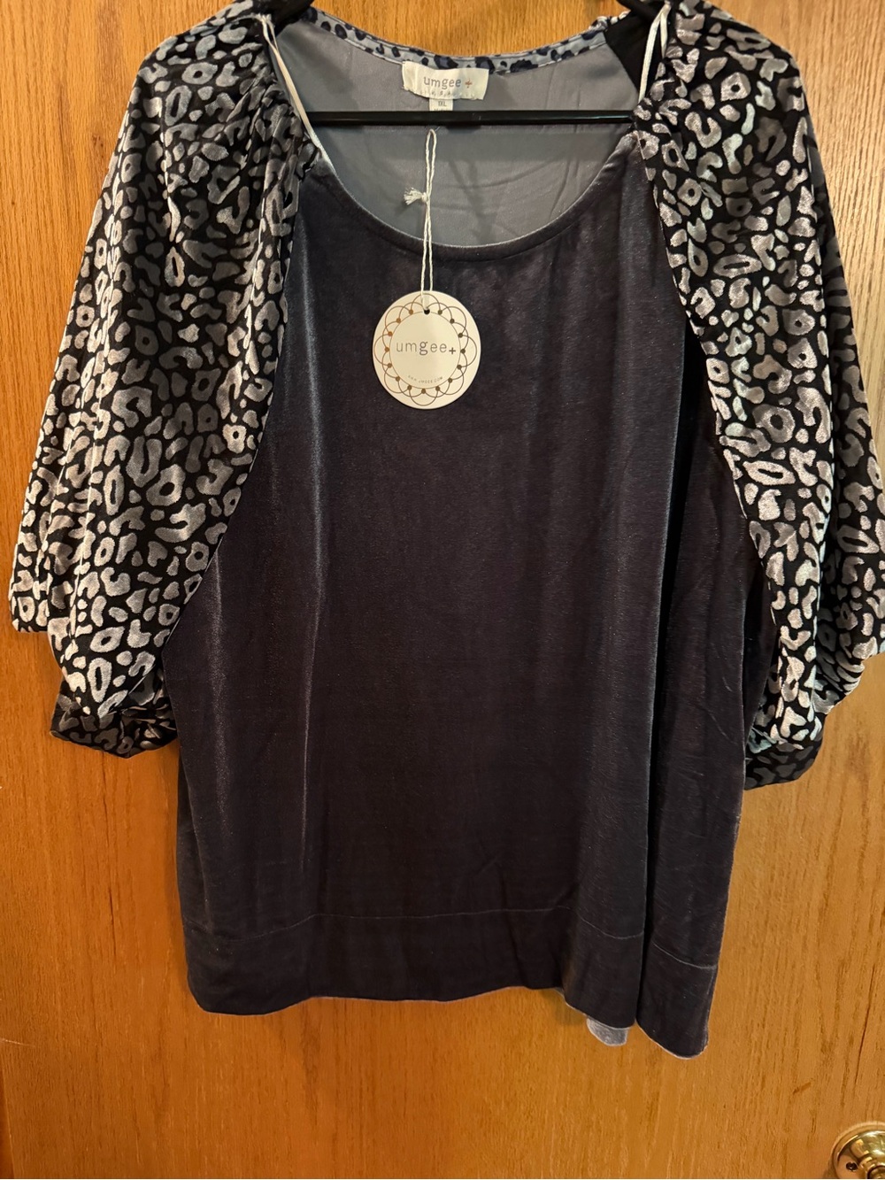 Umgee Black Velvet Top with Metallic Silver Leopard Puff Sleeves